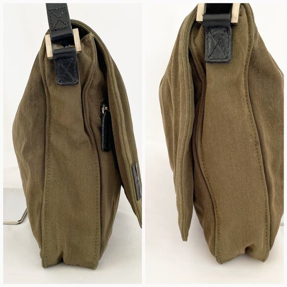 FENDI Vintage Messenger Bag Khaki Canvas Black Leather Adjustable Strap Unisex - Picture 11 of 13
